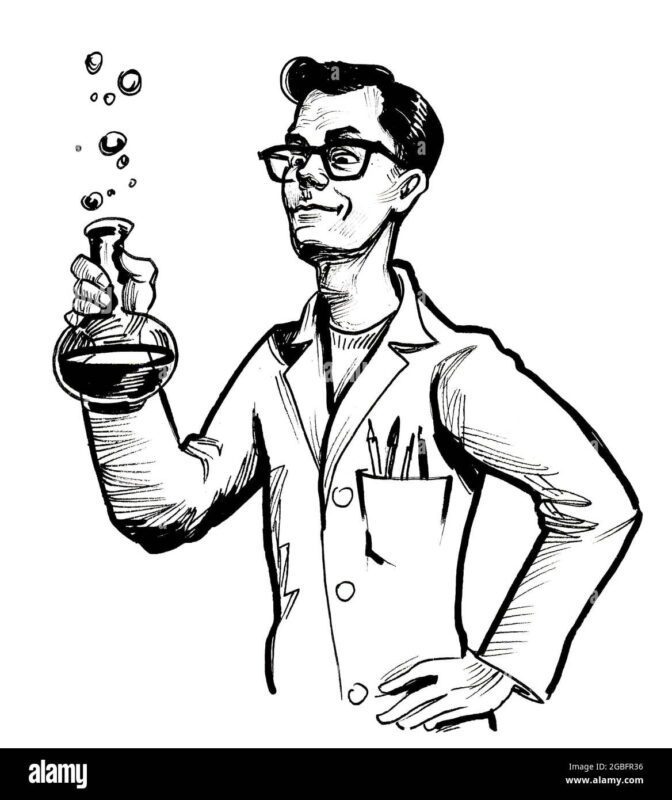 chemical scientist character ink black and white drawing 2GBFR36